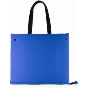 A blue tote bag with black handles and a zip closure, featuring two eyelets on the front.