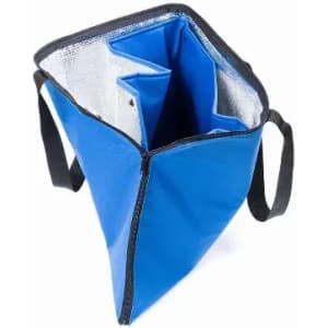 A blue insulated bag with a silver interior and black handles, featuring a triangular shape and multiple compartments.
