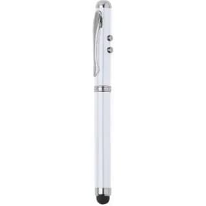 A pen in a sleek white design with a shiny silver clip and a black rubber tip for touchscreen use.