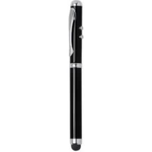 A black pen with a silver clip and accents, featuring a stylus tip at the end. It has a simple, sleek design.