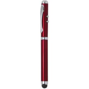 A red pen with a silver clip and detail, featuring a stylus tip at one end. It has a sleek, metallic finish.