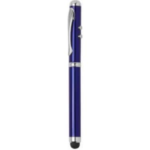 A pen with a sleek silver and deep blue design, featuring a clip and a stylus tip. It has a shiny finish and branding.