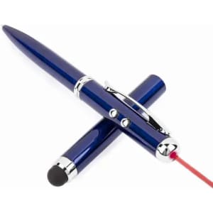 A blue pen with a shiny finish, featuring a red laser pointer and a touchscreen stylus on one end.