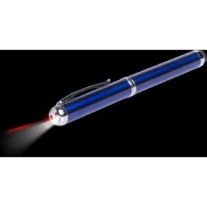 A blue pen with a silver clip and a red laser pointer at the tip, set against a black background.