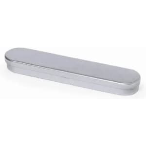 A silver metal case with a smooth, elongated, rounded design. It has a reflective surface and no visible branding.