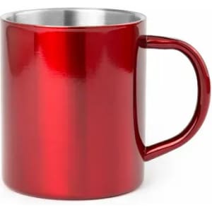 A drink bottle with a shiny red exterior and a stainless steel interior, featuring a convenient handle.