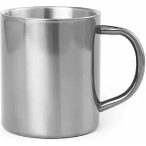 A drink bottle made of stainless steel with a sleek silver finish and a ergonomic handle.