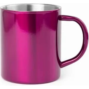 A drink bottle in a glossy magenta finish with a stainless steel interior and a sturdy handle.