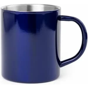 A drink bottle with a shiny navy blue exterior and a metallic silver interior, featuring a handle.