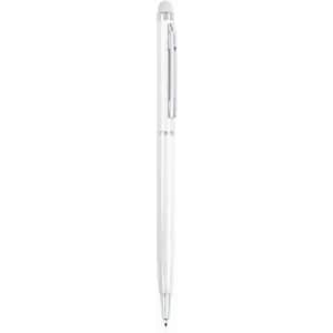 A pen with a white body and a silver clip, featuring a transparent section.