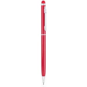 A red pen with a sleek design and silver accents, featuring a clip and retractable tip.