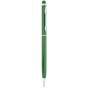 A green pen with a silver clip and detailing, featuring a stylus tip at the top.