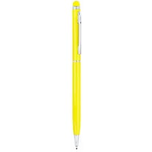 A yellow pen with a shiny finish and silver accents, featuring a clip for attachment.
