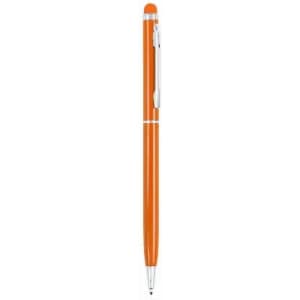 An orange pen with a silver clip and top, featuring a sleek design and a ballpoint tip.
