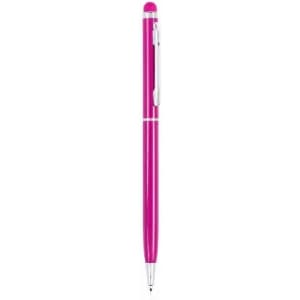 A pink pen with a silver clip and tip, featuring a stylus on the top end. It has a sleek, glossy finish.