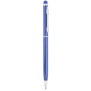 A blue pen with a silver clip and detailing, featuring a stylus tip at the top and a chrome accent.