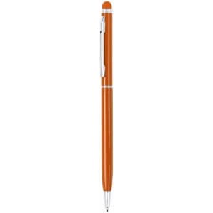 An orange pen with a metallic clip and a smooth finish, featuring a stylus on the top.
