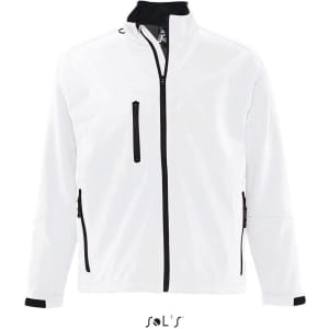 A white softshell men's jacket made from tech fabric, featuring black zippered pockets and a collar.