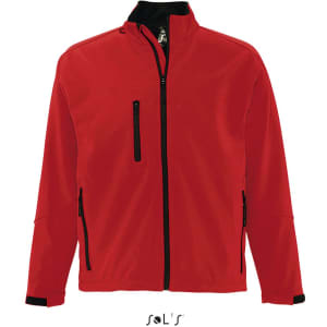 A red men's softshell jacket made of tech fabric, featuring a zippered front and pockets, with a logo on the chest.