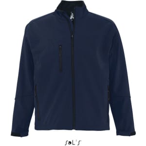A navy softshell jacket made from tech fabric, featuring multiple zippered pockets and a high collar.