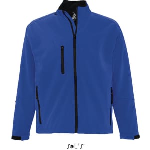 A blue men's softshell jacket made from tech fabric, featuring waterproof properties and zippered pockets.
