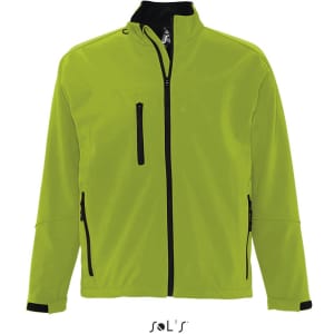 A men's softshell jacket in vibrant lime green, featuring a zippered front and black accents. It has a logo on it.