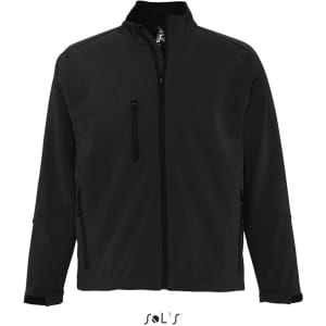 A black men's softshell jacket made from tech fabric, featuring a zip front and side pockets. It has a logo on the chest.