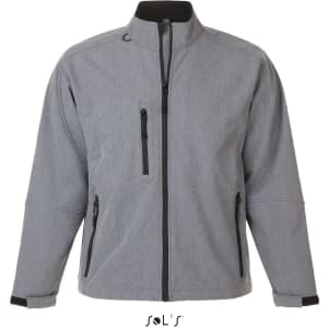 A grey men's softshell jacket made from tech fabric with waterproof features, featuring zippered pockets and a high collar.