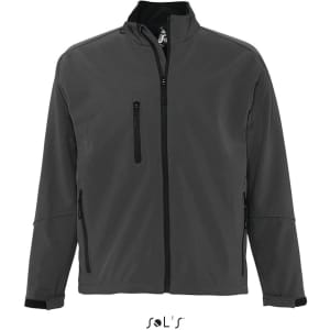 A men's softshell jacket in grey, featuring waterproof tech fabric and a zippered pocket. Includes branding.