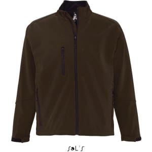 A men's softshell jacket in dark green, featuring a zippered front and pockets, made from waterproof tech fabric.