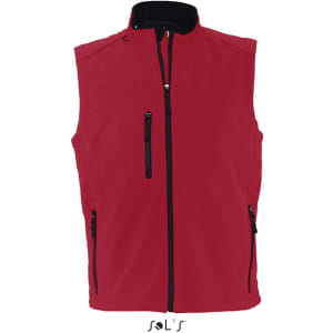 A red softshell vest with a black zipper and multiple pockets, featuring a logo on the front.