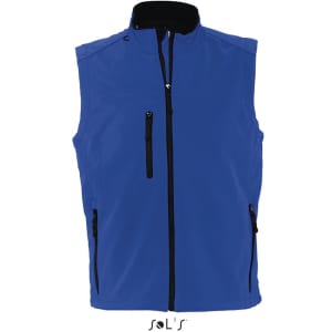 A blue softshell vest with a high collar, zippered front, and two zippered pockets. It features a branding logo.