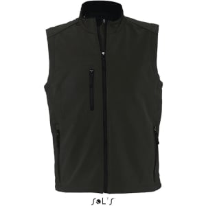 A dark green softshell vest with zippered pockets and a high collar, featuring a logo on the front.