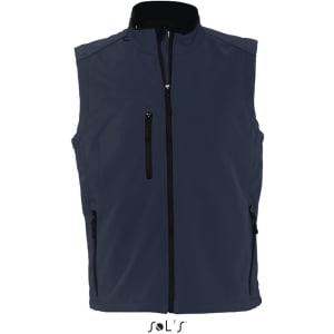 A navy softshell vest with a zip fastening, two side pockets, and a chest pocket. It features branding.