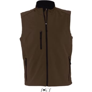 A brown softshell vest with a zip front and two zippered pockets, featuring a logo on the back.