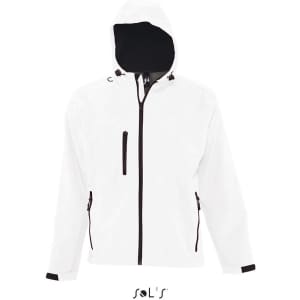A men's softshell hoodie in white with black accents, featuring a hood and zipped pockets. It has a branding logo.