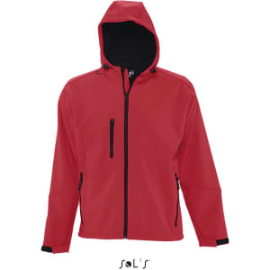 A red men's hoodie made from softshell material, featuring a hood, zippered pockets, and a logo.