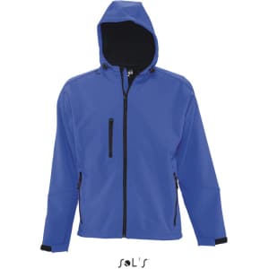 A blue men's softshell hoodie made from waterproof material, featuring a zipper and black accents.