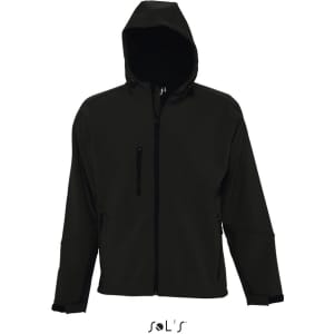 A men's black softshell hoodie, designed with waterproof material and featuring a hood and zipper.