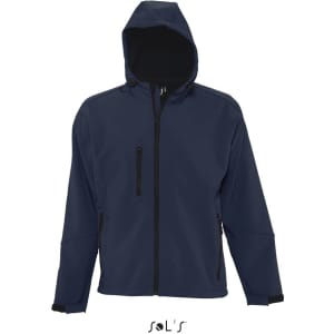 A navy men's softshell hoodie made from 8000mm waterproof material, featuring a hood and zippered pockets.