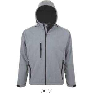 A grey men's softshell hoodie with a zipped front, hood, and pockets, featuring a logo on the side.
