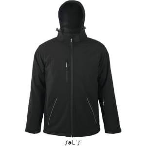 A black softshell jacket featuring a hood and multiple zip pockets, designed for waterproof and breathable performance.