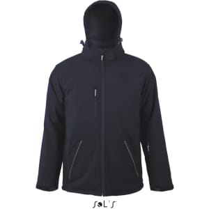 A men's softshell jacket in navy blue, waterproof and breathable, featuring a hood and zipped pockets.