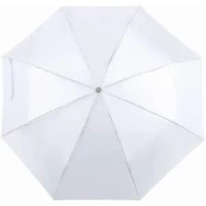 A white umbrella with an octagonal shape and a central button. It features a simple design without any branding.