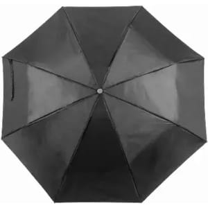 A black umbrella with eight panels and a central button, featuring a shiny finish.