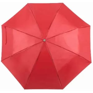 A red umbrella featuring multiple panels and a central button, with a shiny finish. It has a logo on the handle.