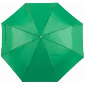 A green umbrella with a glossy finish and an octagonal shape, featuring a central button.