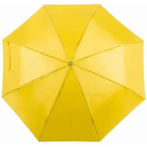 A yellow umbrella with a shiny finish and eight panels, featuring a central button and a logo.