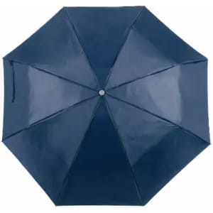 A navy umbrella with a smooth, glossy finish and an eight-panel design. It features a central button.