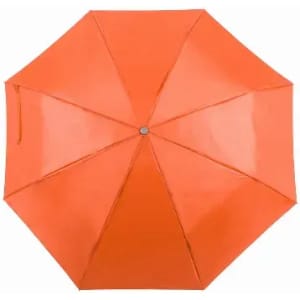 An orange umbrella with a glossy finish featuring a central silver button and eight panels.